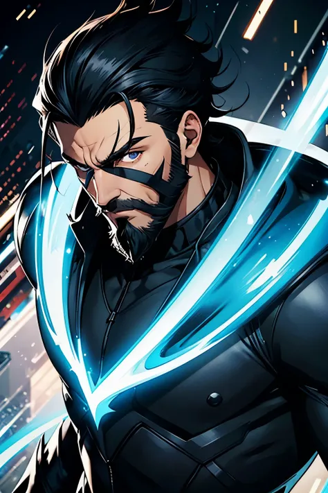 a speedster with black hair and a touch of black, has full beards with a line of white, has a full hero mask, that covers his whole face showing only his eyes, mouth and hair, blue suit, and a touch of black, looks confident