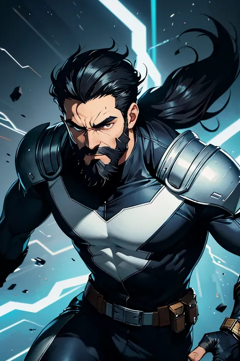 a speedster with black hair and a touch of black, has full beards with a line of white, has a full hero mask, that covers his whole face showing only his eyes, mouth and hair, blue costume, and a touch of black, looks confident, his name is bullet