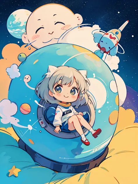 Hayao Miyazaki style、Kawaii Design, The most beautiful girl of all time、chibi, Space Travel, Happy smile, hope