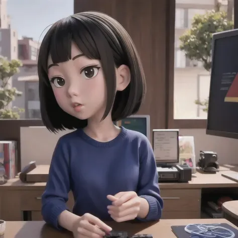 rafed  asian girl in a sweater looking at a computer screen, screenshot from a movie, the hime cut, still from a live action mov...