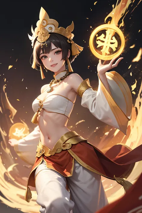 Tripitaka Monk、Sanzang Fashi、Unparalleled in the Three Kingdoms、Unparalleled OROCHI、No sleeve、Chest band、Navel sticking out、Pale green loose pants、Brown Hair、Bobcut、tiara、beads necklace、Sleeves longer than the arms、smile、Dance、（（（ＳＦＷ、sound、Highest quality、...