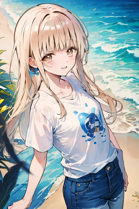 Masterpiece、Anime Coloring、Ultra fine、、Open your mouth wide、Lower Angle、cowboy shot、looking at the camera、smile、blush、Watery eye、Parted bangs、((beach))、blue sky、sunny、Small breasts、((DullＴshirt))、((Short jeans))