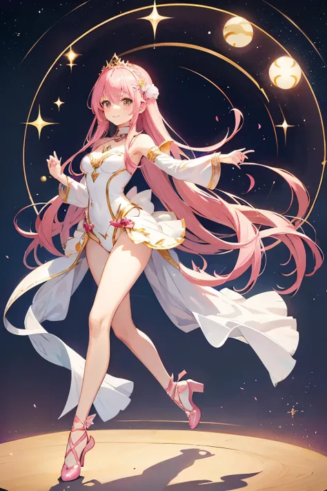 Pink Hair、long hair、beautiful、smile、Megurine Luka、ballerina、stage、Wearing toe shoes、ballerinaの衣装、tiara、ballerina、Beauty、ballerina、Clear Face、Upper Body、手をballerinaのように上げる、