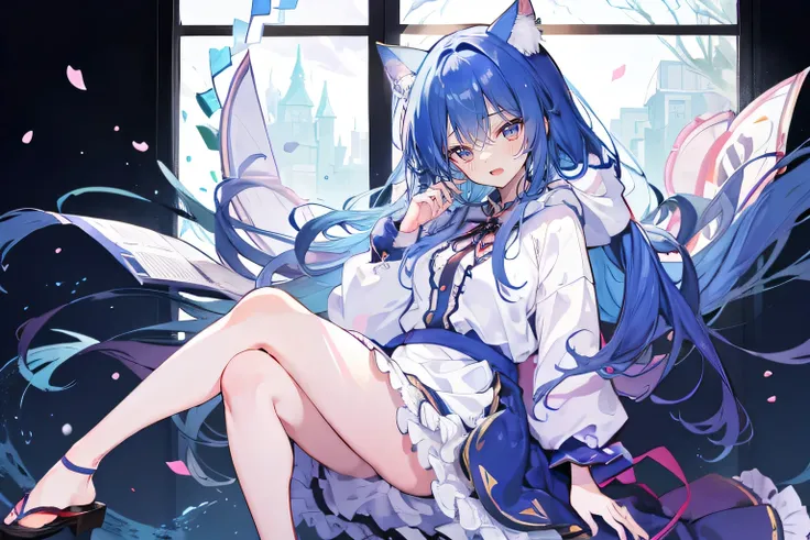 （masterpiece：1.2），Super detailed，lifelike，Expressive eyes，fair skin，perfect face shape，1 girl，
Japanese comics,Gorgeous blue hair,flowing blue hair,flowing clothes,Cat ears,Petals fall,beautiful lola,Baby Angel,
Shaking head with one hand，Cross your legs，G...