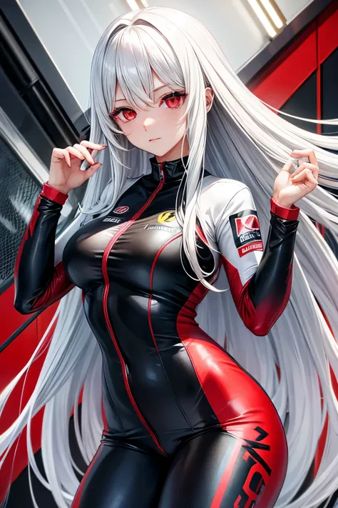 long white hair，red eyes，Girl，Racing suits