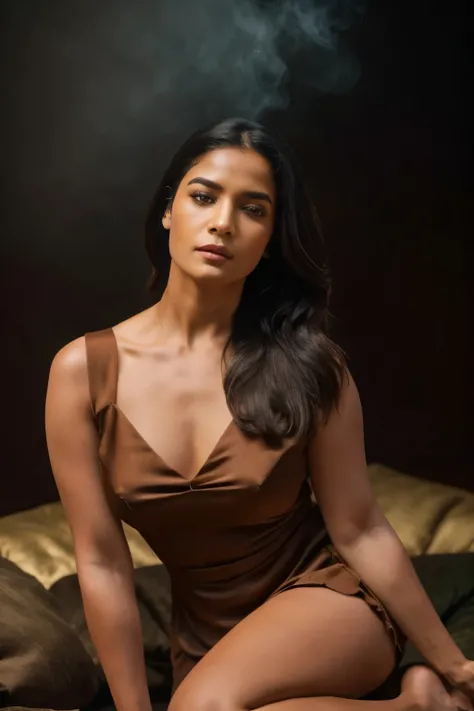 In this photograph, a beautiful Indian Instagram model in her mid-30s takes center stage, showcasing her chubby figure and prominent round chest with a hint of cleavage. The image highlights her highly detailed face (1.4) and a soft smile (0.7). She is set...