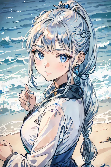 mole under eye, aqua eyes, gradient_eyes, upturned eyes, longeyelashes, silver hair, braided ponytail, long hair, side swept bangs, snowflake hair ornament, light smile, wearing a beautiful blue dress, on the beach, high details, high quality, best quality...