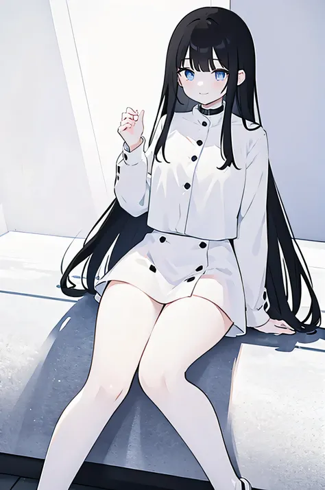 masterpiece, 8K, Detailed face, best quality, Must be created as described,  (1 girl, alone, 158cm), (Black hair, long hair, Straight Hair, Bangs), (innocent, Big blue eyes like diamonds), (fair skin), (Wearing a simple white shirt, Shirt length no longer ...