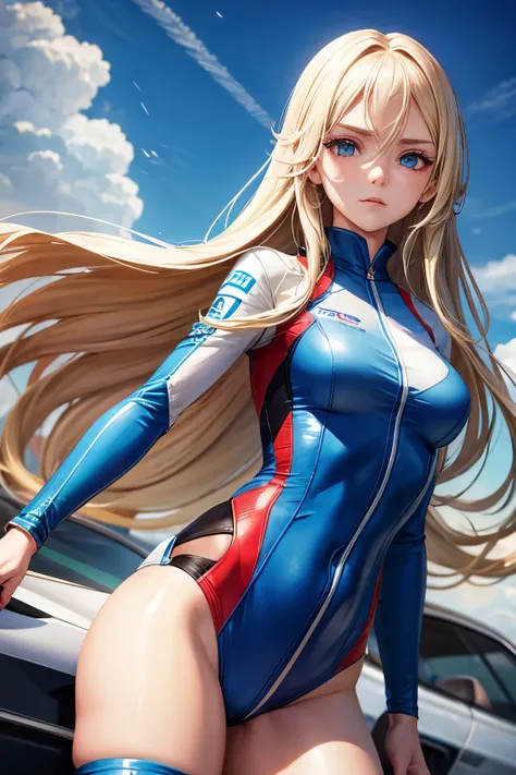 Long blond hair, blue eyes, girl, eldest lady, proud, arrogant, Racing suits