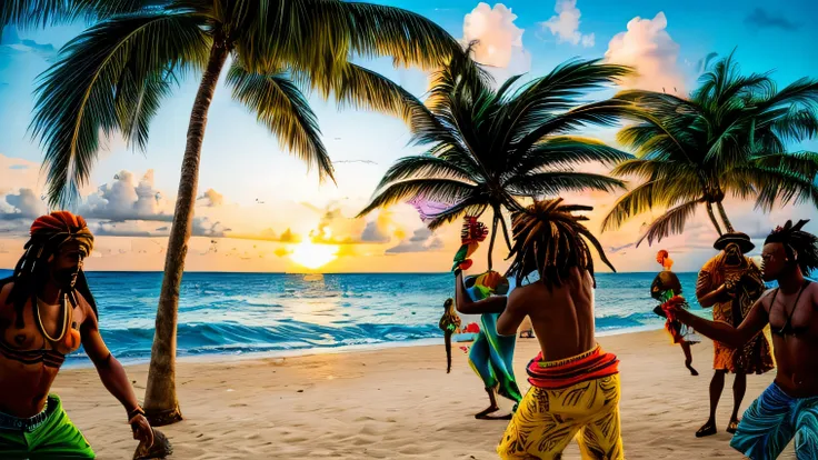 「Imagine a Caribbean sunset under palm trees., With a reggae band playing. People dancing to music々Shooting, Brightly dressed Rastafarian style. Depict the ocean breeze blowing through, Create a fun atmosphere.