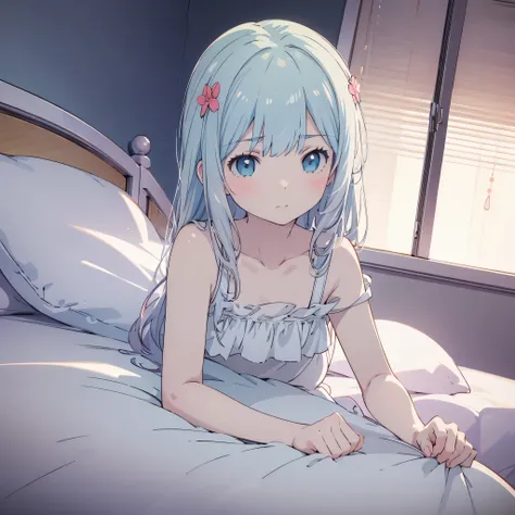((masterpiece)), ((Best Quality)), (Ultra-detailed), Anime 18+ style, Cute , 1girl in, Solo, 8k, lying on the bed , young girl , flat chest, bare shoulders , shy girl 
