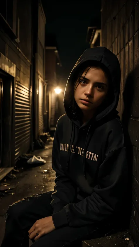 A young man sits in a dimly lit alleyway, her face shadowed by the hood of her sweatshirt. She stares directly at the camera, her expression a mix of sadness and defiance. A small dog sits beside her, its head tilted in curiosity. The scene is gritty and r...