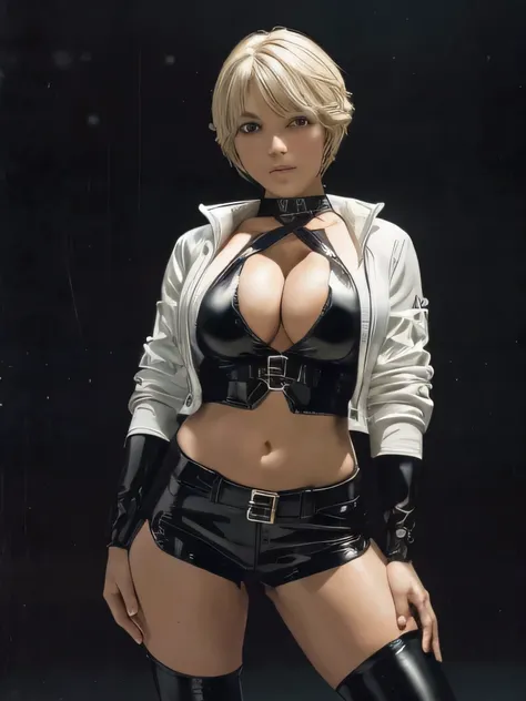 Very short hair, (masterpiece、Highest quality、Official Art), View from the front, Looking at the audience:1.5, small top, White jacket:1.2, Black long boots, Black shorts, (Black bondage suit:1.2), Black collar, Black choker, Glowing Skin, Realistic:1.9, V...