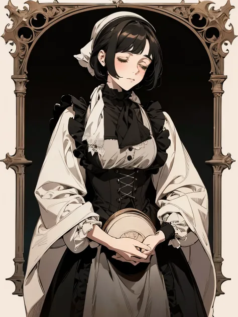 Woman with bob, short black hair, in Victorian maid dress, maid sloppy clothes, with a white scarf on his head, collected hair, Middle Ages, high contrast, 19th century style, reeks of kindness and comfort, Behind her is a large bookshelf, closed eyes, han...