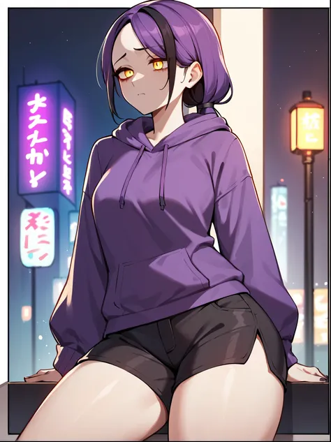 score_9, score_8_up, score_7_up, score_6_up, score_5_up, score_4_up, BREAK source_anime,rating_risky, a girl, thin, pale skin, skinny, tired expression, low ponytail, purple hair, yellow eyes, eye bags, tired expression, purple hoodie, thick thighs, black ...