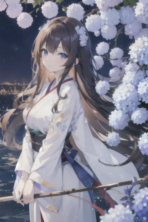 4K, nightの風景, Beautiful woman, Long Hair, Brown Hair,, blue eyes, White shirt,View your viewers, night, Multicolored hydrangea,((Highest quality)), ((masterpiece)), (detailed), animation,Waist-length thick hair, suit，Watery eyes, Shine Digital, cute, Japan...