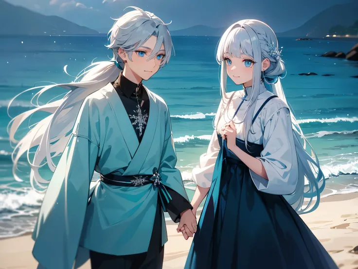 mole under eye, aqua eyes, gradient_eyes, upturned eyes, longeyelashes, silver hair, braided ponytail, long hair, side swept bangs, snowflake hair ornament, light smile, wearing a beautiful blue dress, on the beach, holding a boy hand, high details, high q...