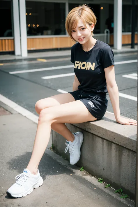 Top quality, 1 beautiful woman, super short Hair, gold hair, shy-smile, fullbody, sneaker, Black t-shirt & long pants, sports like