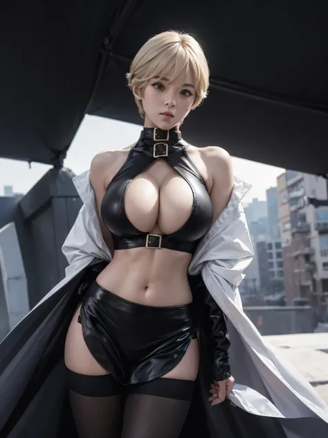 Very short hair, (masterpiece、Highest quality、Official Art), View from the front, Looking at the audience:1.5, topless, small top, White jacket:1.2, Black long boots, Black shorts, (Black bondage suit:1.2), Black collar, Black choker, Glowing Skin, Realist...