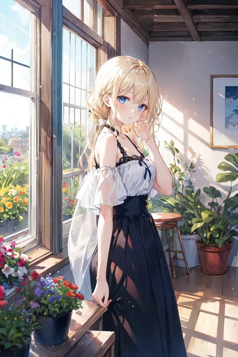 pretty girl, Open shoulder, Lace skirt, Blonde, From the side, Long Hair, look up, Disheveled Hair, window, curtain, sunlight, Shiny Hair, blue eyes, Curie, garden, Are standing