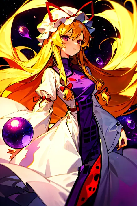 masterpiece, best quality, 1 girl, solitary, long blond hair，yakumo yukari walks out of space surrounded by purple gems