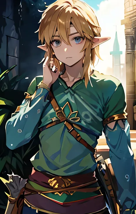 link（「the legend of zelda」characters in）、one man、blonde、slanted eyes、whole body、view viewer、point the sword at the viewer、grassl...