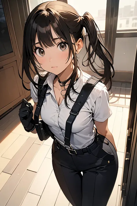 high quality, masterpiece, Ultra-high resolution, (realism: 1.4), Oil painting style, Cinema Lighting, I stood on the empty asphalt road and looked at it., , And the suspenders with the cranes flying　　　Moderate breasts　 　 　　　　Small face　 　　　holster　　　　　　　 ...