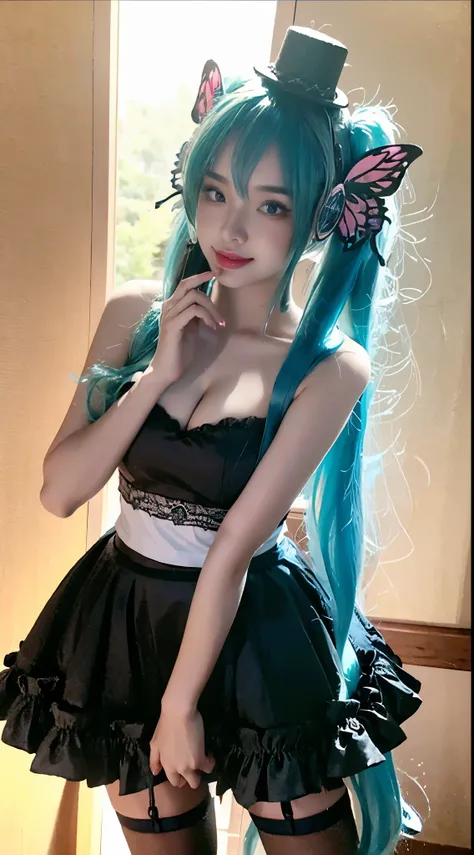 hatsune miku cosplay costume, hatsune miku, cosplay, twintails, aqua hair, very long hair, strapless dress, dress, fingerless gloves, mini hat, butterfly hair ornament, hair ornament, headphones, butterfly headphones, thighhighs, high heels, (masterpiece, ...