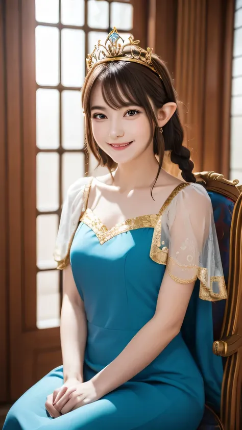 Best picture quality (8K, high resolution, Masterpiece: 1.2), super detailed,  215 Short Hair,Three braids long hair, 16-year-old woman, 

situation: Princess Zelda greets guests in the throne room of Hyrule Castle.。the legend od zelda.
detailed:
angle: A ...