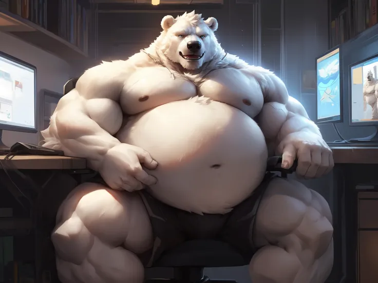 lindong, lucusold, a man with a huge muscular and fat (white bear, polar bear 🐻‍❄️) sitting in gaming chair, streamer, pc and monitor, ((muscular, musclegut, big belly)), thicc, giant and muscular, danbooru and artstation, heavy detailed, insanely inflated...