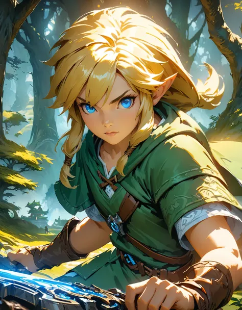 the legend of zelda, link, long blonde hair and blue eyes, wearing a green tunic and brown leather boots, with a sword and shiel...