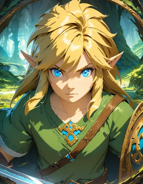 the legend of zelda, link, long blonde hair and blue eyes, wearing a green tunic and brown leather boots, with a sword and shiel...