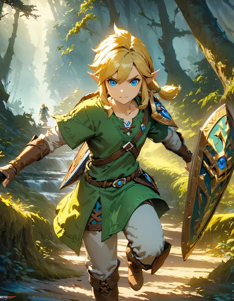 the legend of zelda, link, long blonde hair and blue eyes, wearing a green tunic and brown leather boots, with a sword and shiel...