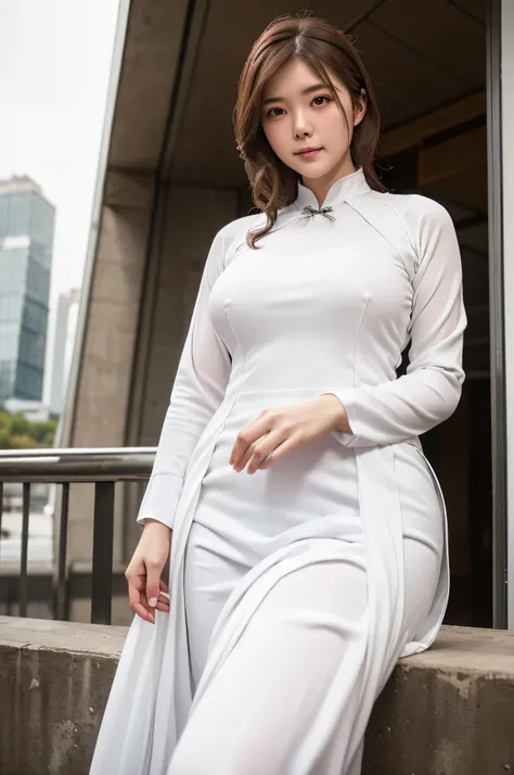 8K,high quality,high resolution,(tall),Plump,(Beautiful woman),(Brown Hair),(buzzer),(Cityscape),(White Ao Dai:1.3),(White ao dai:1.3),(Natural composition),(),(),(),(),(),,