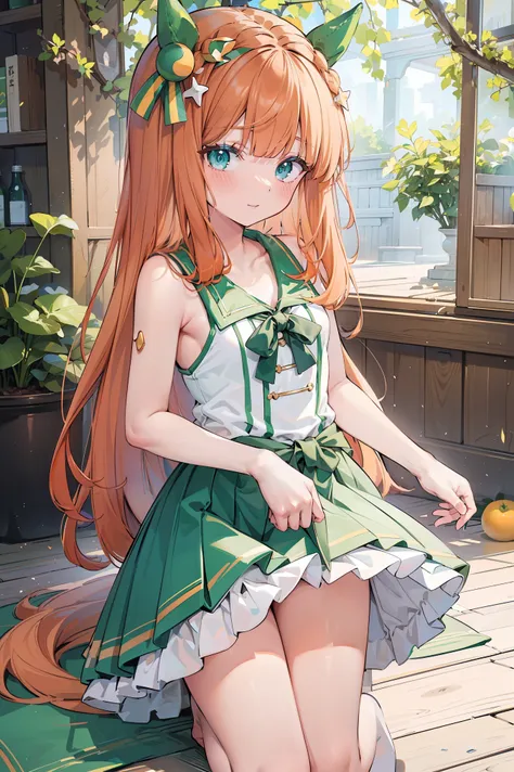 Silence Suzuka、blush,smile、Long Hair、Orange Hair、Horse Girl、Green costume、In uniform、Primary school students、The back is very small、Lolita、Small breasts、Please show me your armpits、exterior: 14 years old、Shoulder Bare、The clavicle is visible、Sexy thighs、Be...