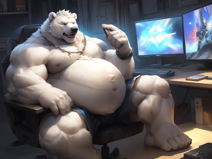 lindong, lucusold, a man with a huge muscular and fat (white bear, polar bear 🐻‍❄️) sitting in gaming chair, streamer, pc and monitor, ((muscular, musclegut, big belly)), thicc, giant and muscular, danbooru and artstation, heavy detailed, insanely inflated...