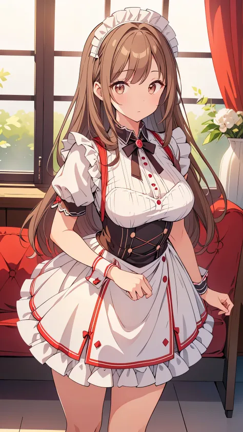 Woman in maid outfit posing for photo Perfect photo (masterpiece, Super detailed), (Ultra-high resolution:1.5), (Sharp focus), (Very detailed), (Perfect Anatomy), Ultra-fine illustrations, One girl, Light brown hair, Crown Blade, Long Hair, Classic maid, M...