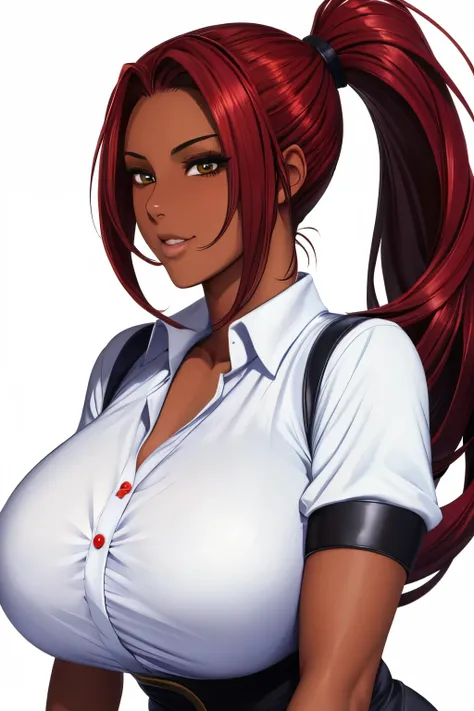 Long Hair,Red hair,ponytail,(Hair on one eye:0.8),(Dark Skinned female:1.2), (Dark Skin:1.1),shirt,Big Breasts,Shiny skin,White Background