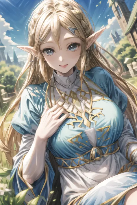 The Legend of Zelda, Princess Zelda, heroine, the princess of the fictional kingdom of Hyrule who is endowed with holy power, the reincarnation of the goddess Hylia, the symbol of world peace, sealed by her own will., castle, garden, crown-braid, mischievo...