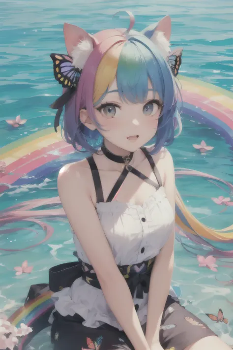 cute women with rainbow hair, multicolored butterflies, water, colorful blossoms