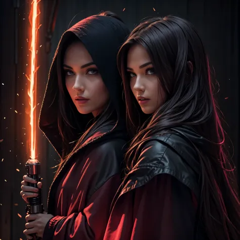 2 beautiful detailed woman with long dark hair wearing a black hooded robe, dramatic lighting,glowing red lightsaber,(2 girls,masterpiece:1.2),ultra-detailed,photorealistic,sci-fi,dramatic cinematic lighting,moody atmosphere,dark fantasy,high contrast,mute...