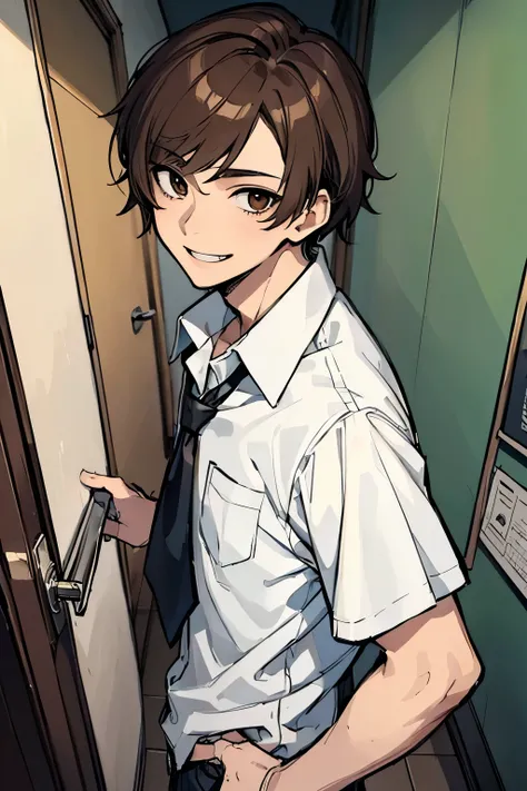 ((masterpiece, best quality)), 1male, school hallway, white shirt, inside school running, looking at camera, front angle, looking at camera, carefree, smiling, brown eyes, brown hair, long eyes, short hair, bruises and patches