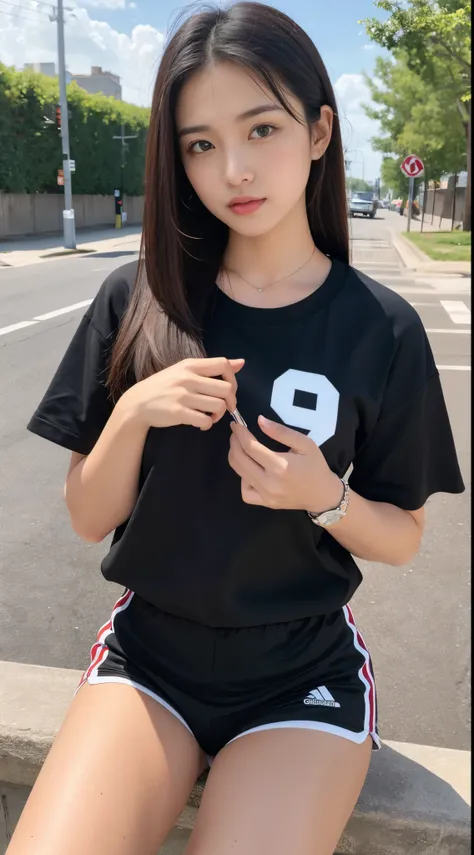 (8K, RAW photograph, Highest quality, masterpiece:1.3),(Genuine,photograph:1.37),(Black Hair),Pause,One girl,Very beautiful face,cute,(small),(Hands down))),Poggy Hairstyle,Random representation,(White T-shirt),ＪＫ_style,(Track Shorts) ,Black Hair,(19 years...