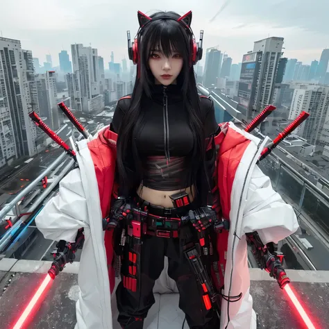 anime cosplay with red lights and headphones on standing on a ledge, female cyberpunk anime girl, cyberpunk anime girl, very beautiful cyberpunk samurai, cyberpunk streetwear, wearing cyberpunk streetwear, anime cyberpunk, cyberpunk anime girl in hoodie, c...