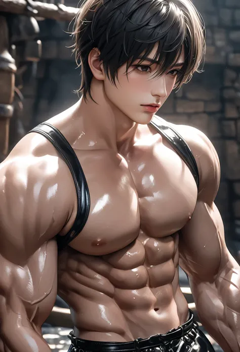 high quality, detailed, (22 years old japanese idol wrestler boy), (detailed black eyes), (black short hair), (muscle:1.5), (shiny skin:1.3), black tiny thong, bulge,(detailed nipples), yard, dungeon, (best quality,4k,8k,highres,masterpiece:1.2), face clos...