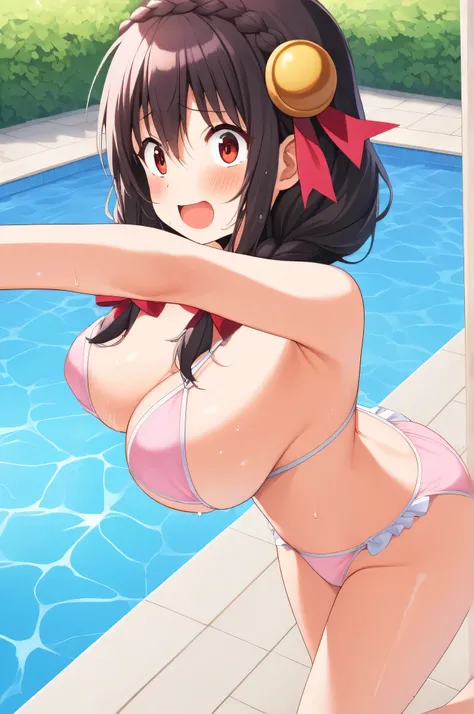 alone, One girl、Crown braids in the same color as your hair, hair ornaments, Hair Ribbon, (White and pink bikini),Red Eyes、Black Hair、(Surprised face:1.6)、(blush:1.4)、C cup breasts、Poolside、Splash、Wet、Look Back、View from behind