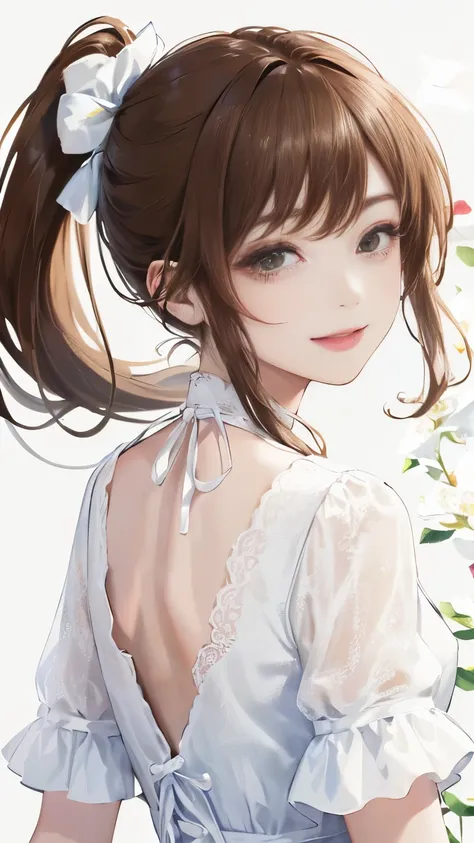 (((Frame In)))、(((White wall background)))、(((Best image quality、8K、Beautiful woman、White wall background)))、(((Brown Hair)))、(((Side Ponytail)))、(((smile)))、(((Floral dress)))、(((Pure white background)))、Facing forward