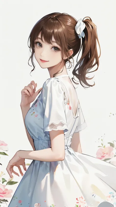 (((Frame In)))、(((Cowboy Shot)))、(((White wall background)))、(((Best image quality、8K、Beautiful woman、White wall background)))、(((Brown Hair)))、(((Side Ponytail)))、(((smile)))、(((Floral dress)))、(((Pure white background)))、Facing forward