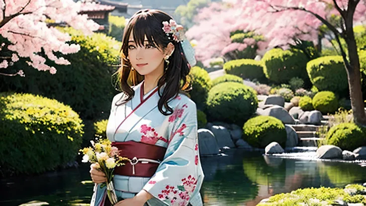 A woman in a kimono holding flowers。The background is a Japanese garden、Cherry blossoms are dancing。