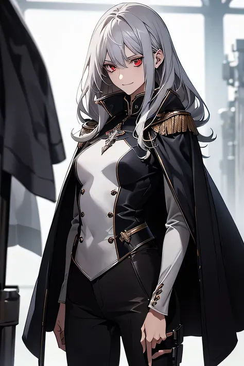 (Confused, High resolution, Very detailed), 1 female, Silver Hair,Long Hair,Deep red eyes,Blue and black military uniform,24th generation,beauty,mature,thin,quiet,calm,A small smile,talk,Long Cape,Slender and thin,boots,skinny pants,hangar,Small breasts,th...